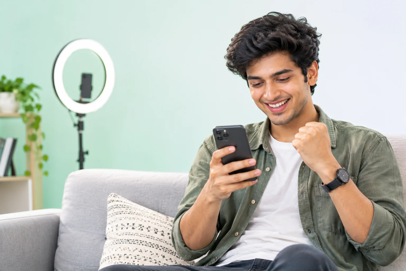 A creator on a sofa smiling at his phone, one fist raised, with a ring light behind him