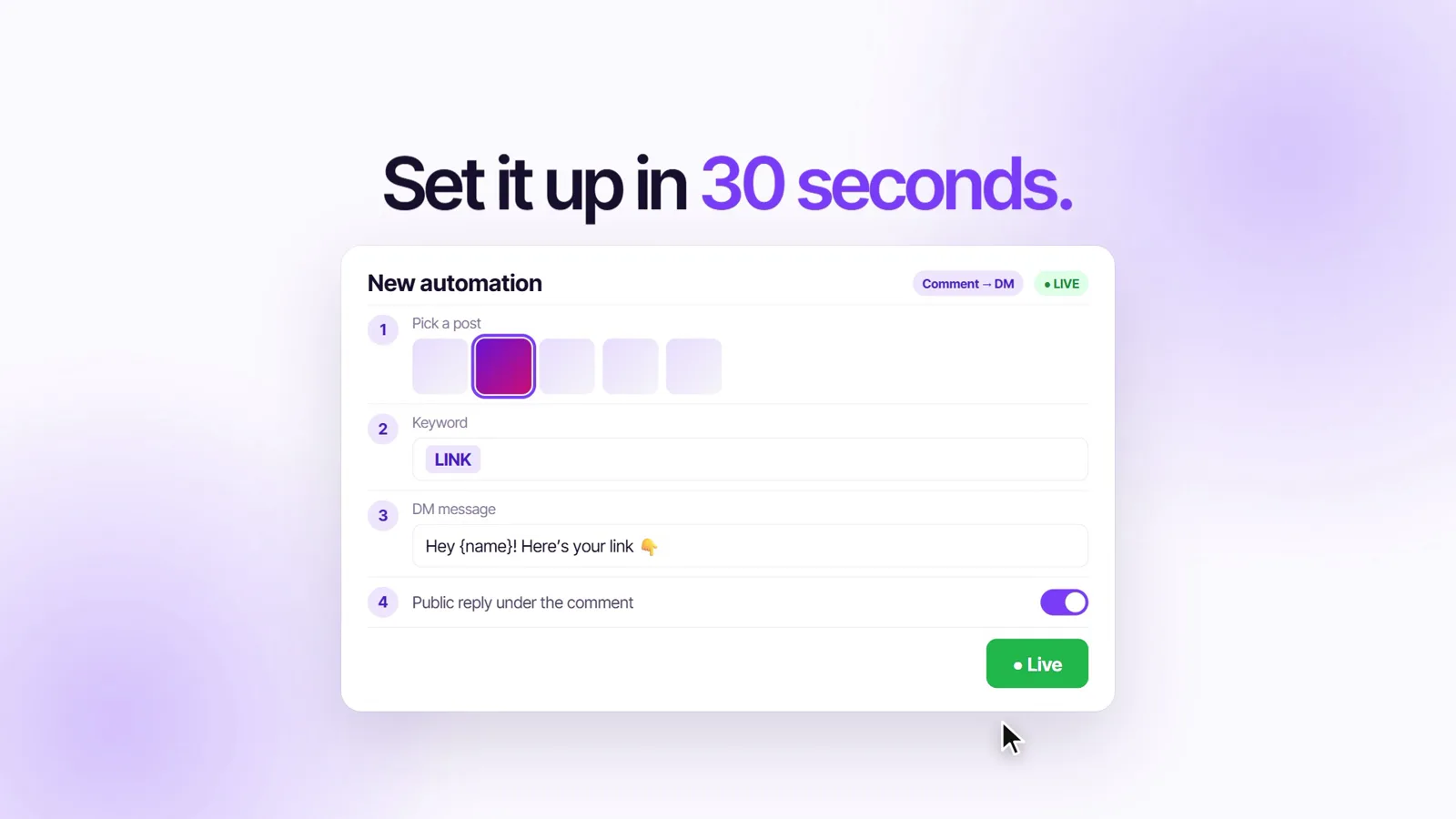 The ViralDM automation builder with the keyword LINK, a DM message, a public reply switched on and a green Live button