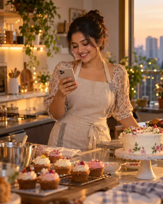 A baker checking her phone in a kitchen full of cupcakes