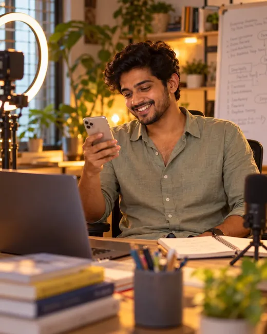 A man smiling at his phone at a desk with a laptop and books