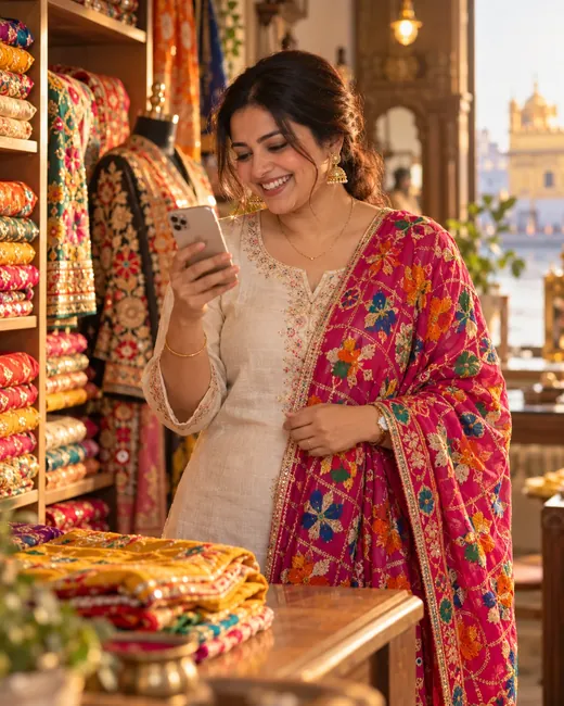 A woman in a phulkari dupatta looking at her phone in a textile shop