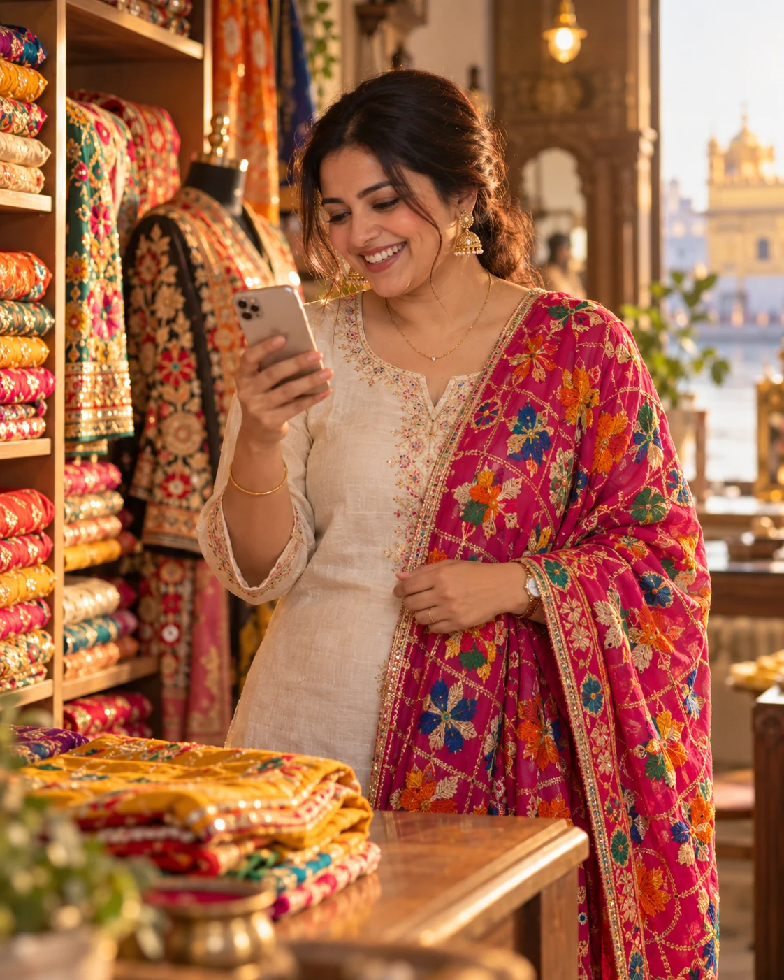 A boutique owner with phulkari dupattas