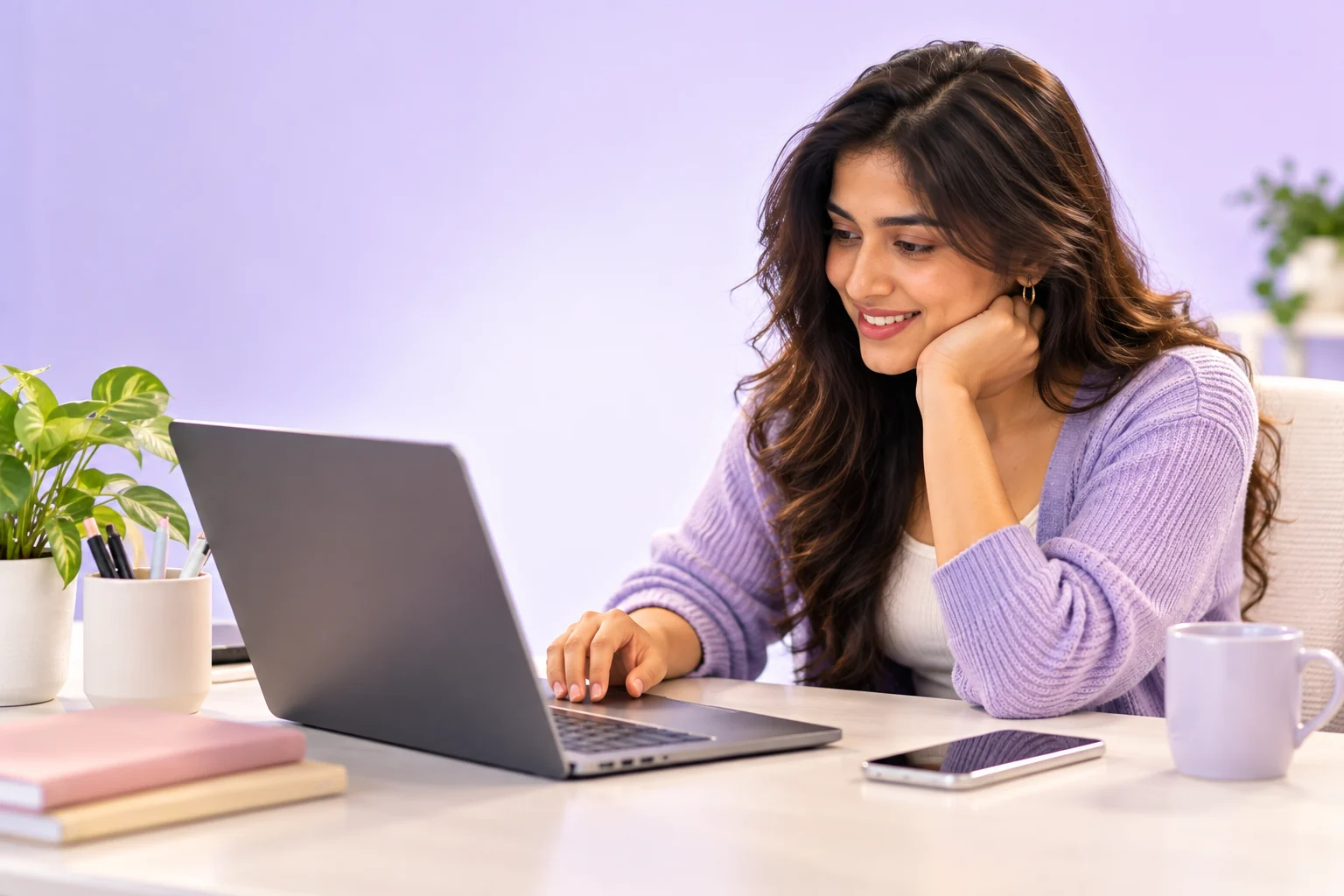 A developer smiling at her laptop at a desk