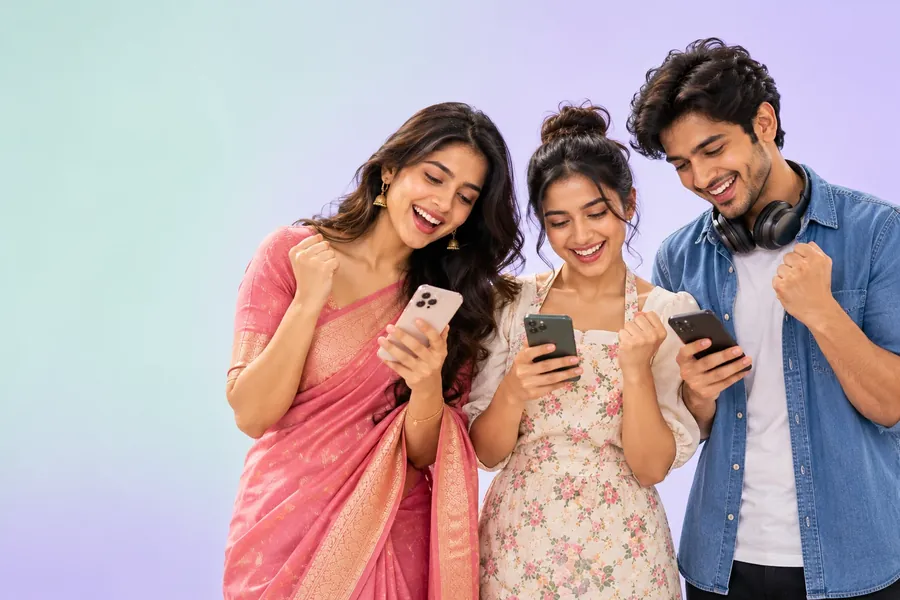 Three friends smiling at their phones