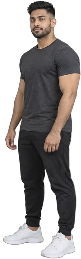 A fitness coach standing, ready to post what his niche is searching