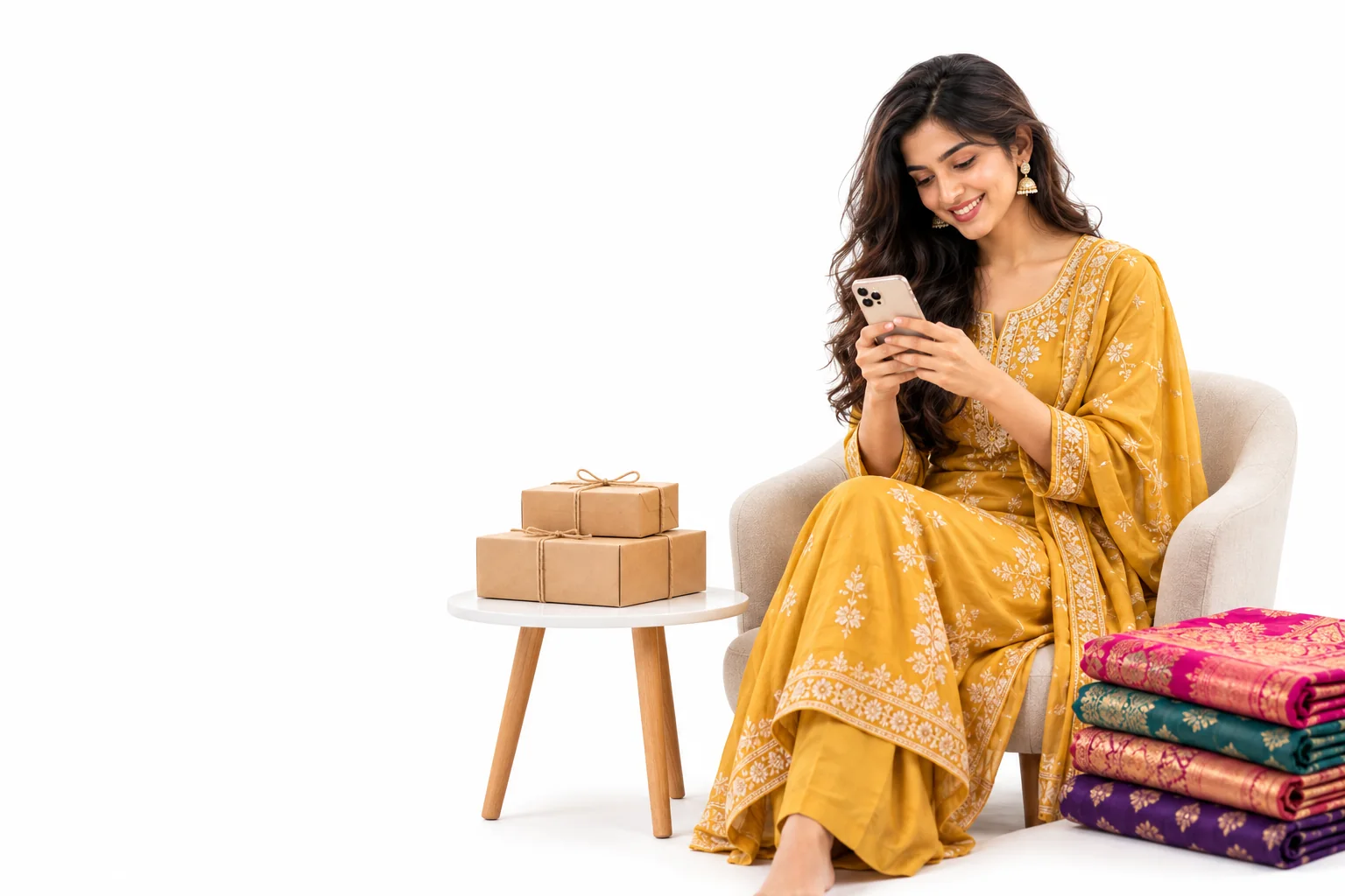 A saree seller smiling at a new order on her phone