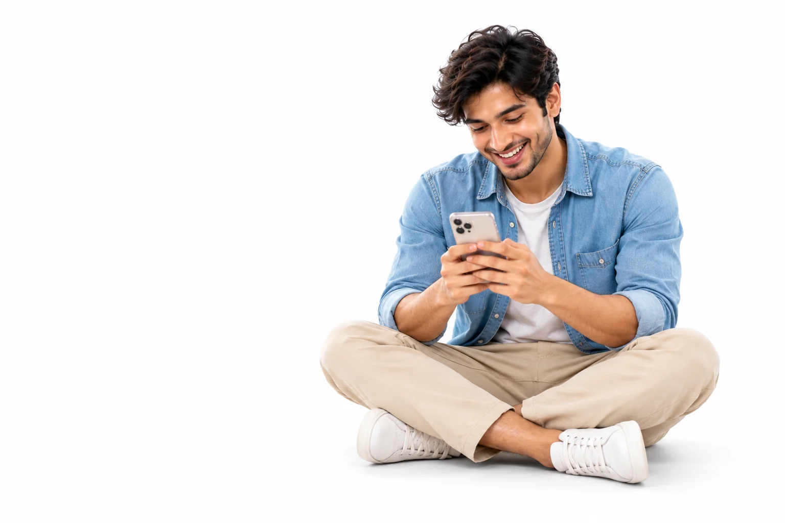 A creator laughing as he reads replies on his phone