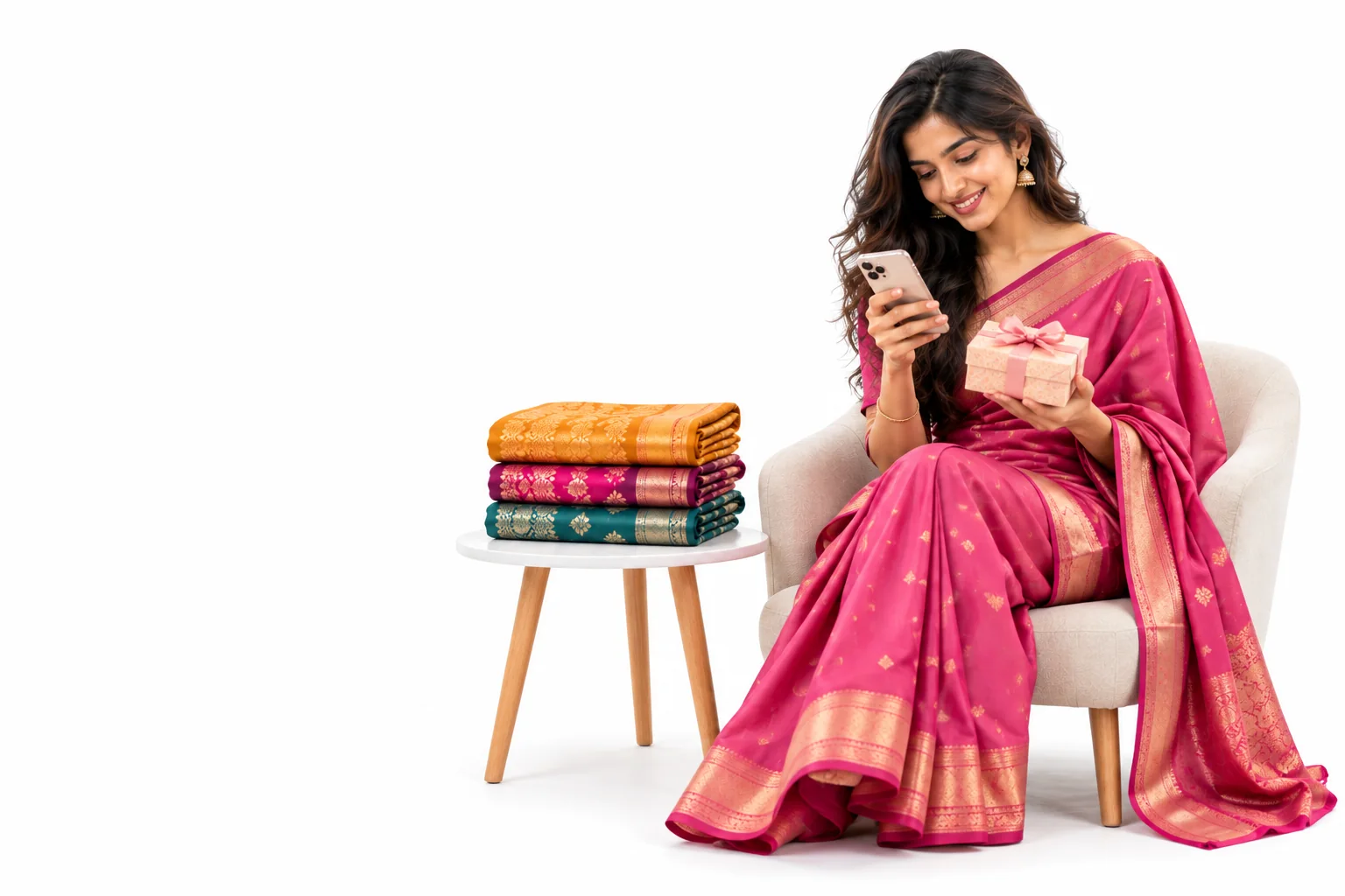 A saree seller smiling at a paid order on her phone, holding a wrapped gift