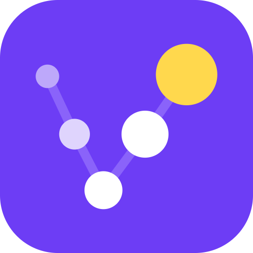 ViralDM logo: a dotted V trail rising to a yellow dot, on a violet rounded square