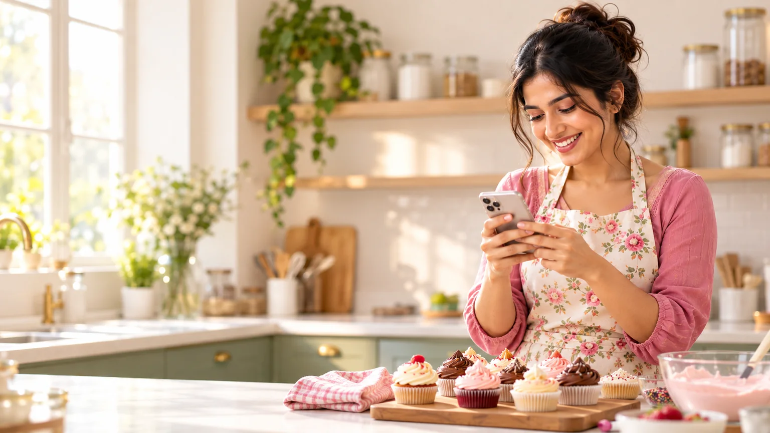 A home baker at her kitchen counter with cupcakes, smiling at her phone