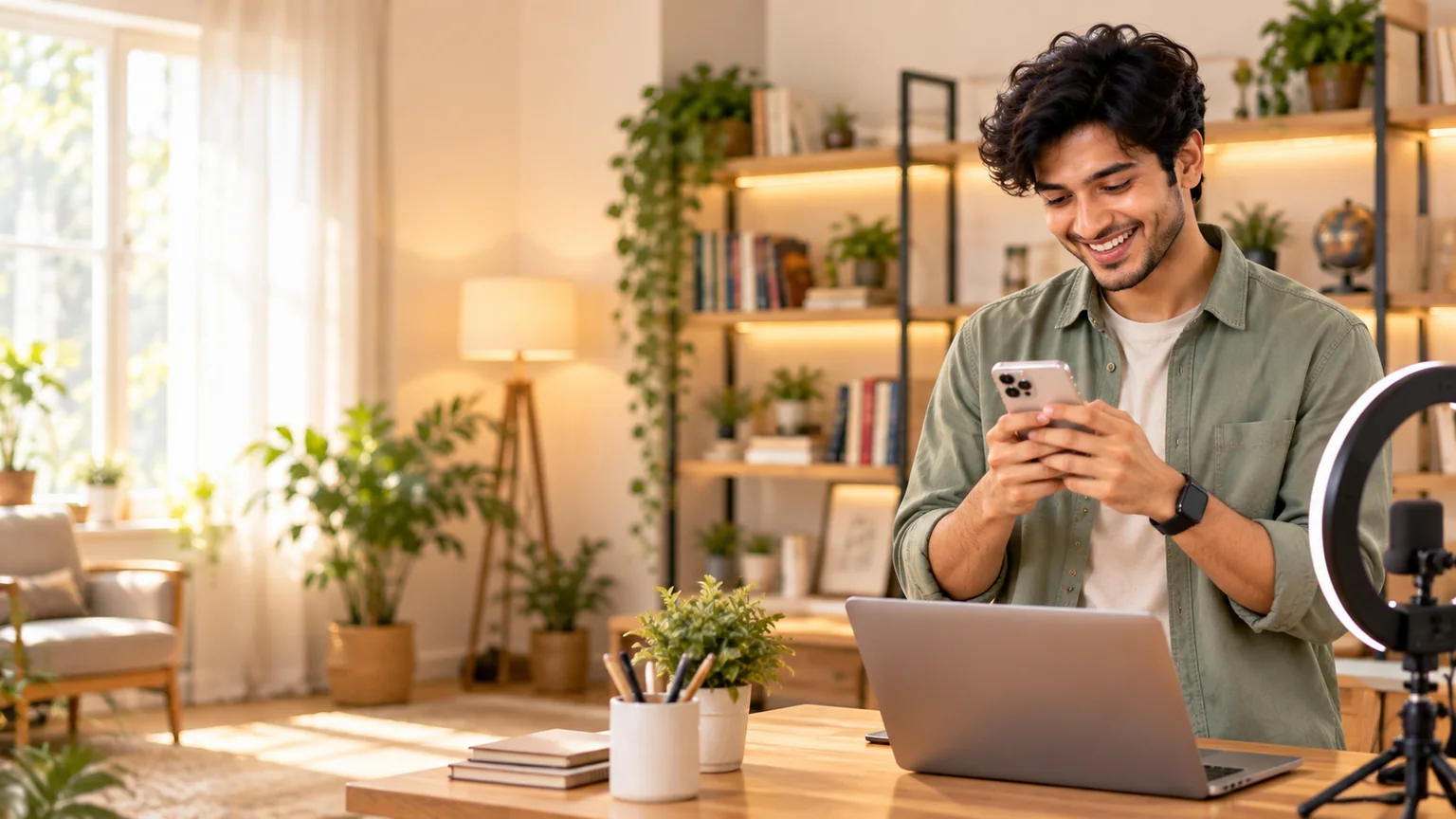 A course creator at his desk with a laptop and ring light, smiling at his phone