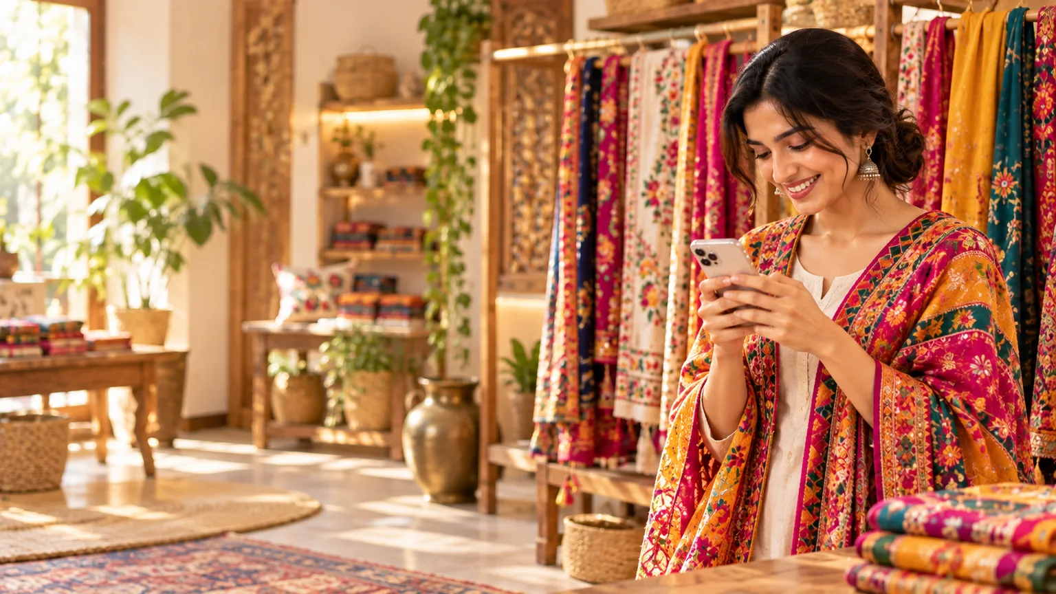 A boutique owner in a phulkari dupatta in her handicraft shop