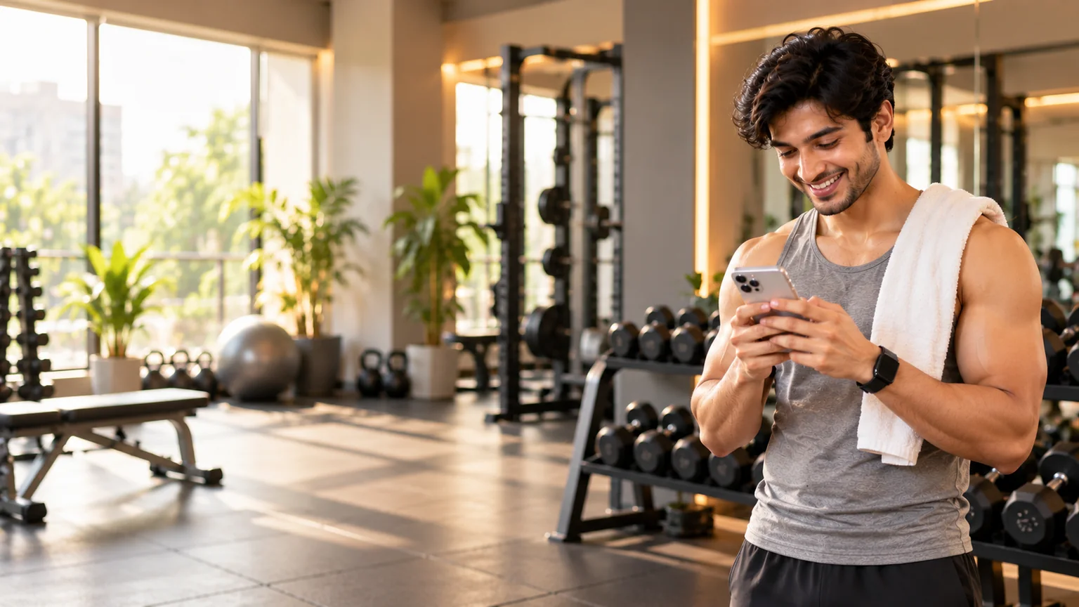 A fitness coach in his gym, smiling at his phone