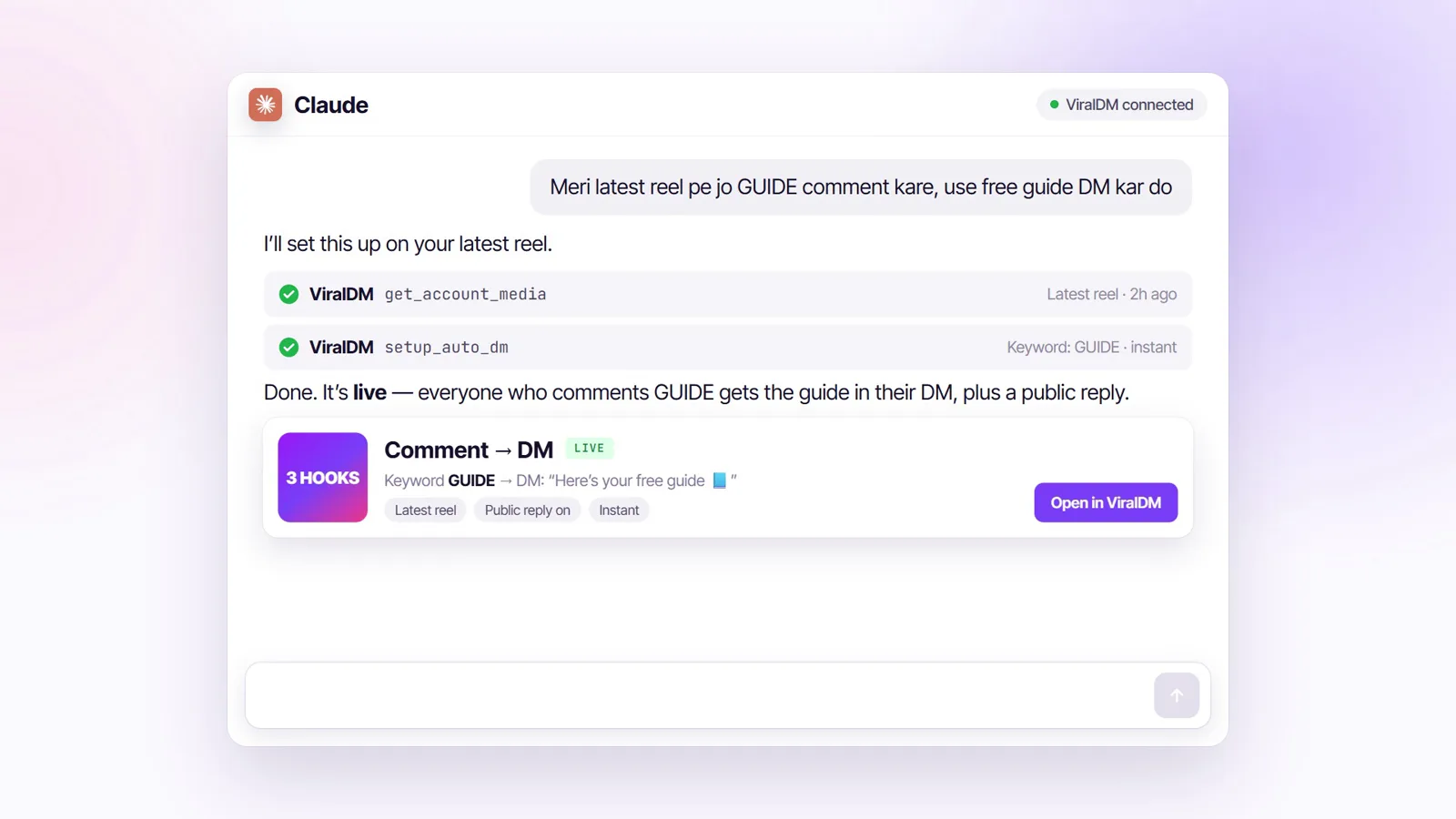 A Claude chat: a Hinglish request runs get_account_media and setup_auto_dm, and a Comment → DM card says LIVE