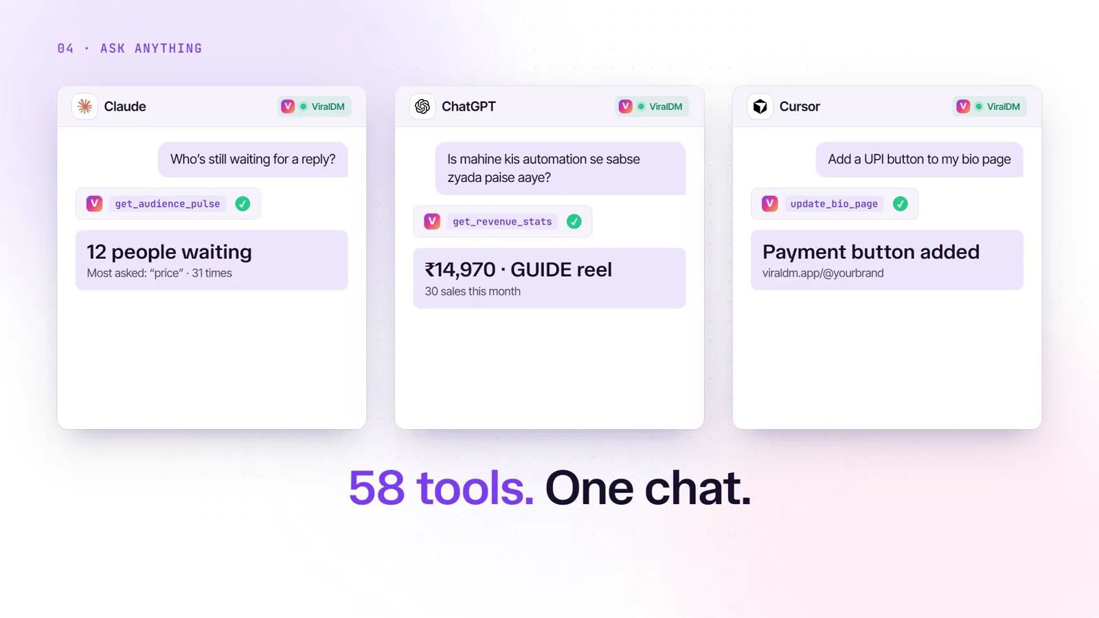 Claude, ChatGPT and Cursor each running a ViralDM tool: who is waiting, revenue by automation, a bio-page payment button