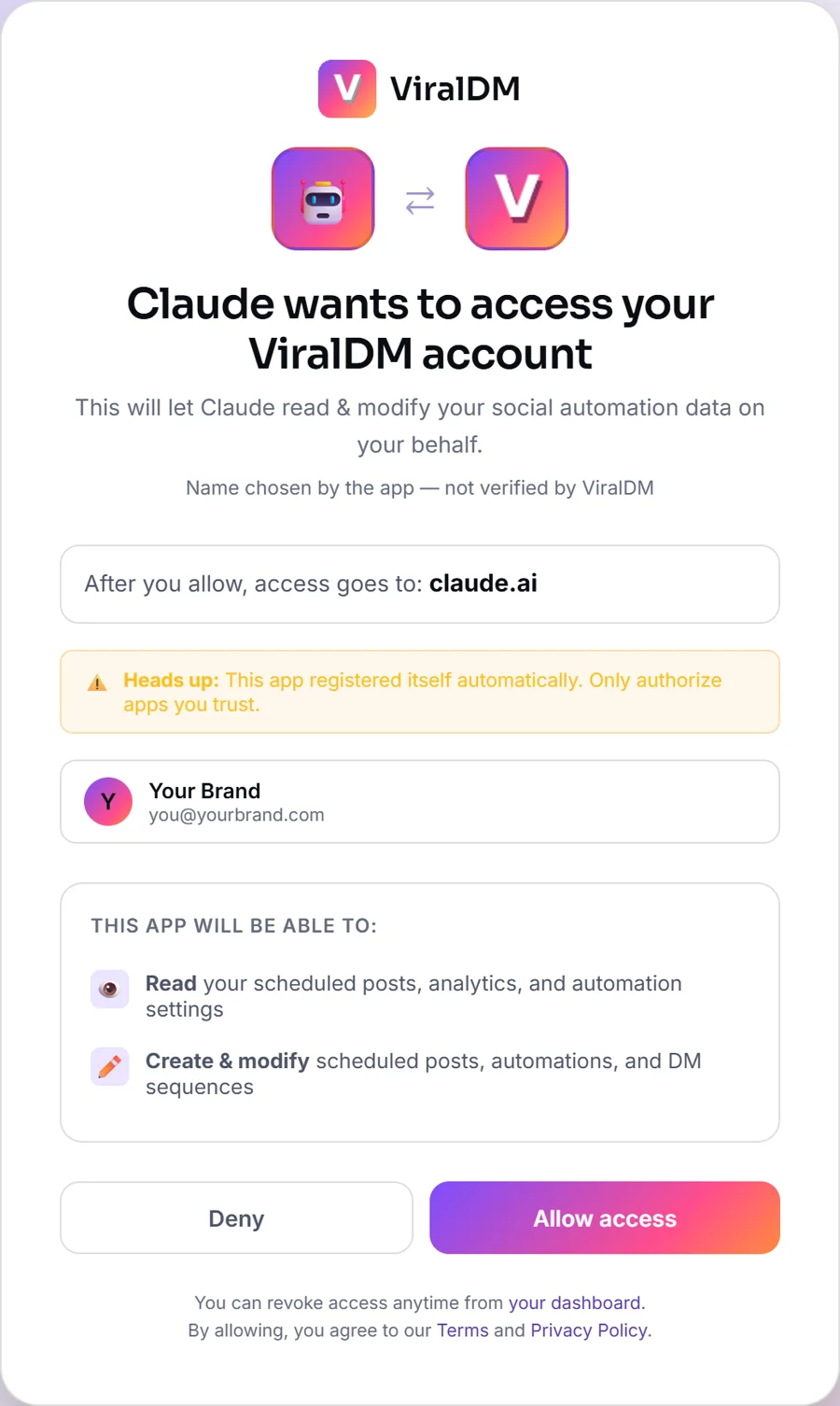 ViralDM consent screen: Claude wants to access your ViralDM account, Read and Create & modify, Deny or Allow access