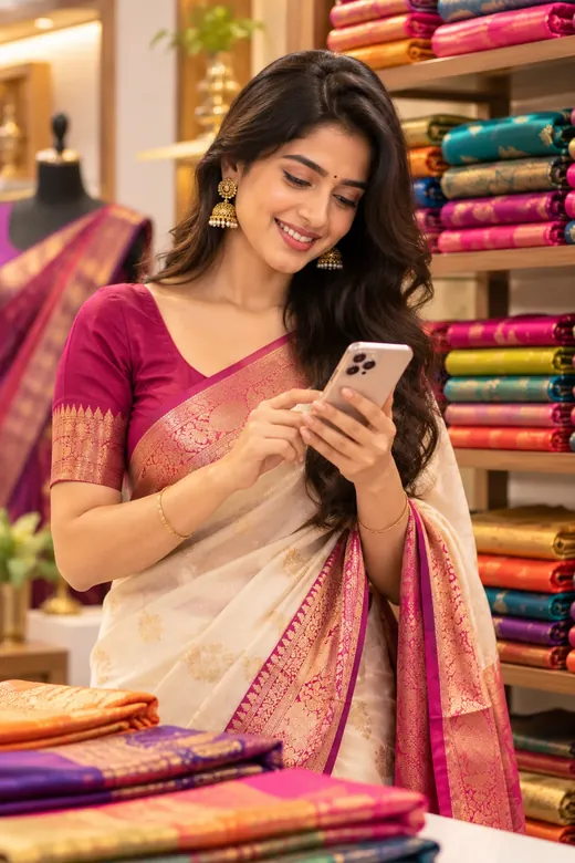 A woman in a silk saree checking her phone in a fabric shop