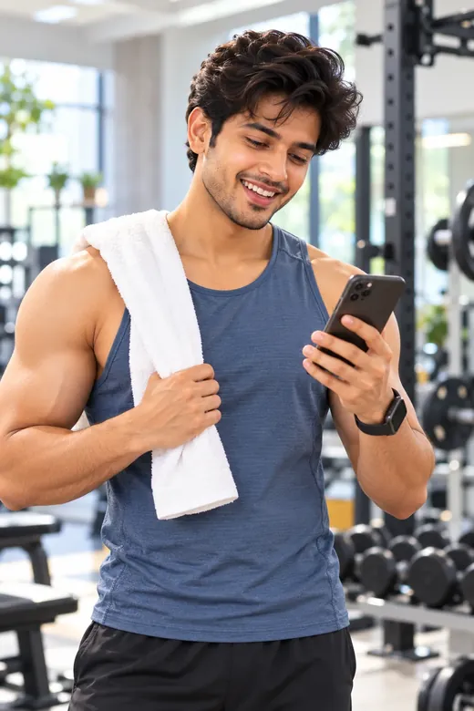 A man with a towel on his shoulder checking his phone at the gym