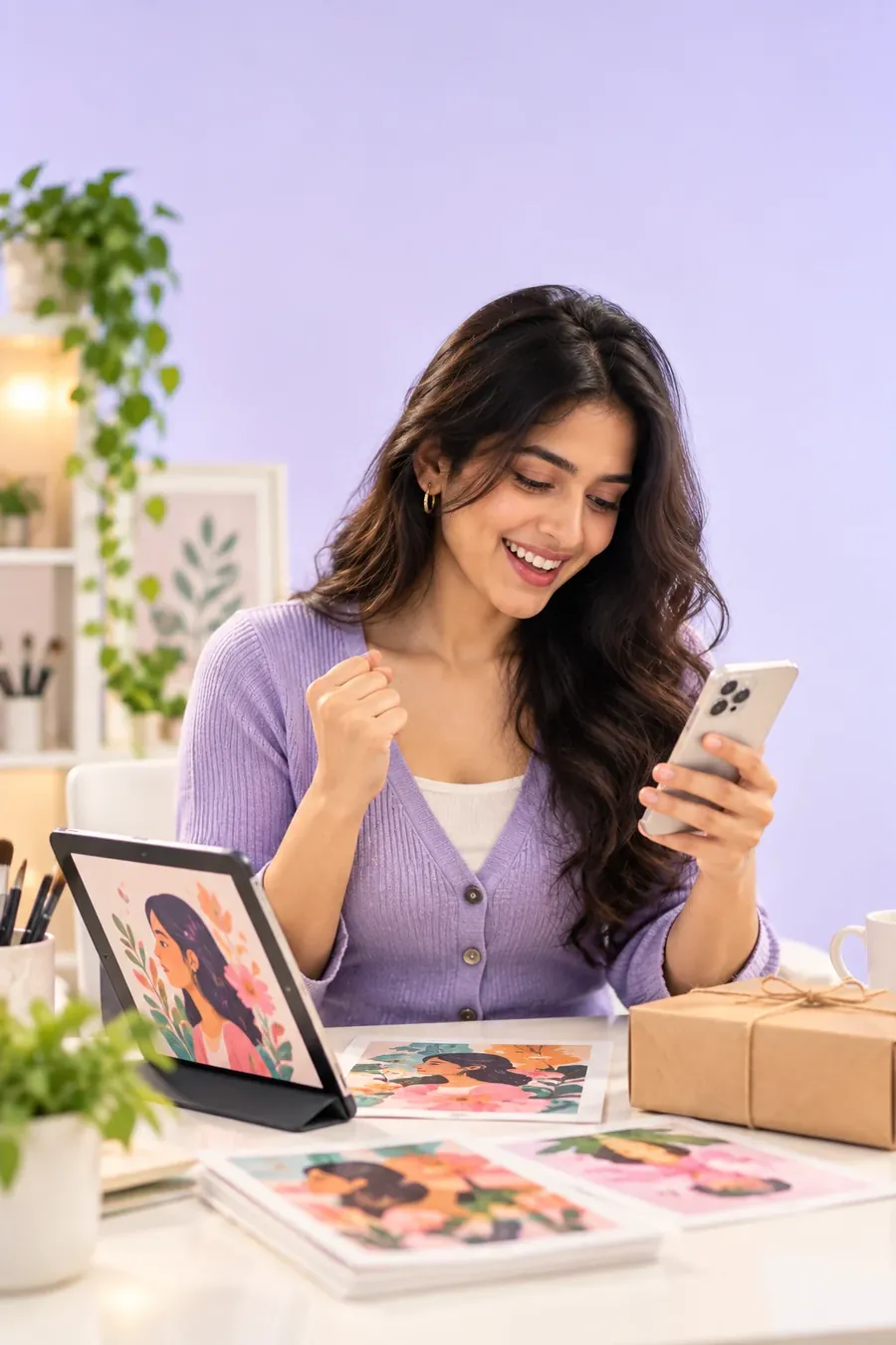 A woman cheering at her phone next to a tablet of product photos