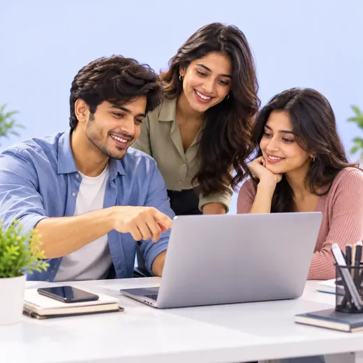 Three colleagues looking at a laptop together