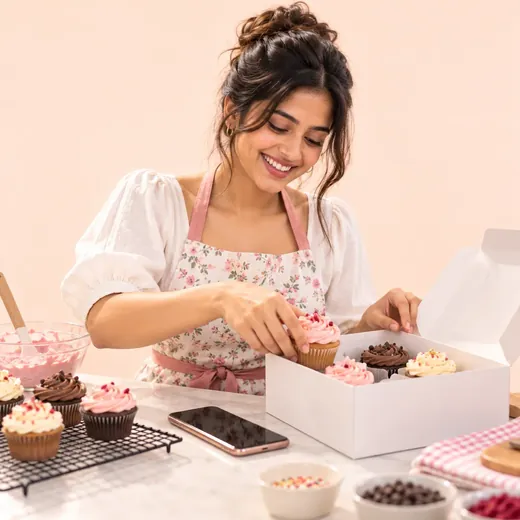 A home baker packing cupcakes into a gift box