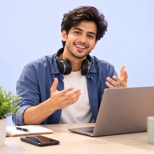 A young man with headphones explaining something at his laptop