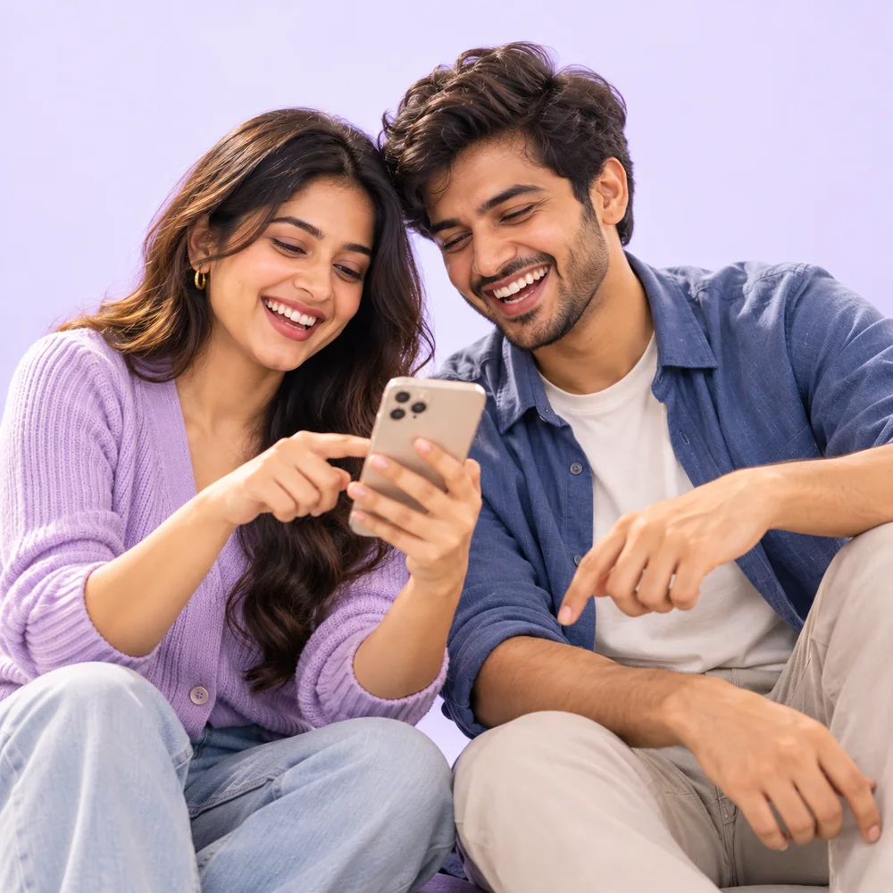 Two friends looking at one phone