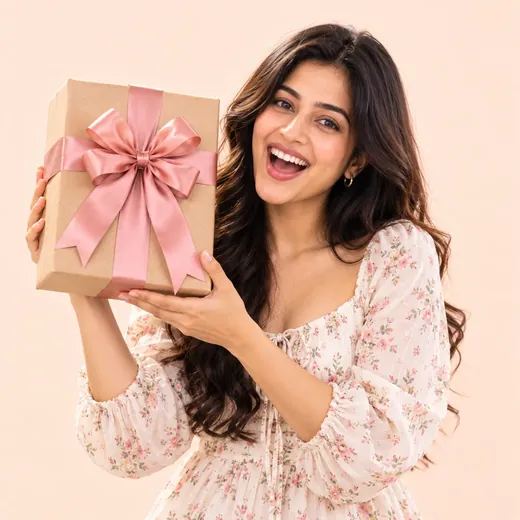 A woman holding up a gift box with a pink ribbon