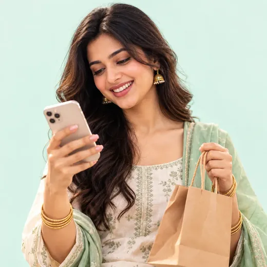 A woman with a shopping bag smiling at her phone