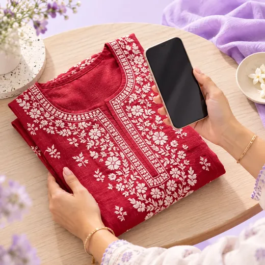 A red embroidered kurta laid out next to a phone